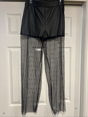 Sheer Mesh Overlay Black Wide-Leg Pants